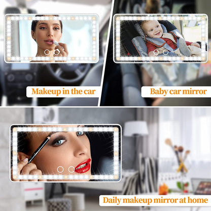Car Sun Visor Vanity Mirror with Lights, Rechargeable Car Makeup Mirror Accessories, Birthday Gifts for Women Girl, 3 Light Modes, Dimmable Touch Led Screen, Universal for Car Truck