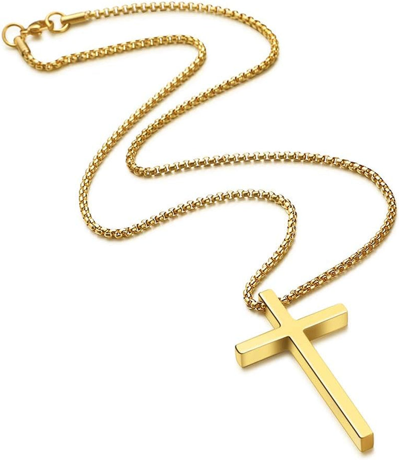 Easter Basket Stuffers - Cross Necklace for Men Teen Boys, Silver Black Gold Stainless Steel Plain Cross Pendant Necklace Box Chain 16-30 Inch